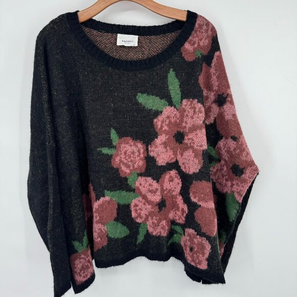 Andree By Unit Floral Sweater Black Flowers Size Medium oversized wool blend - Picture 11 of 12